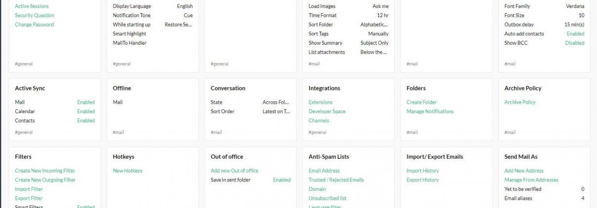 Zoho Email Settings panel